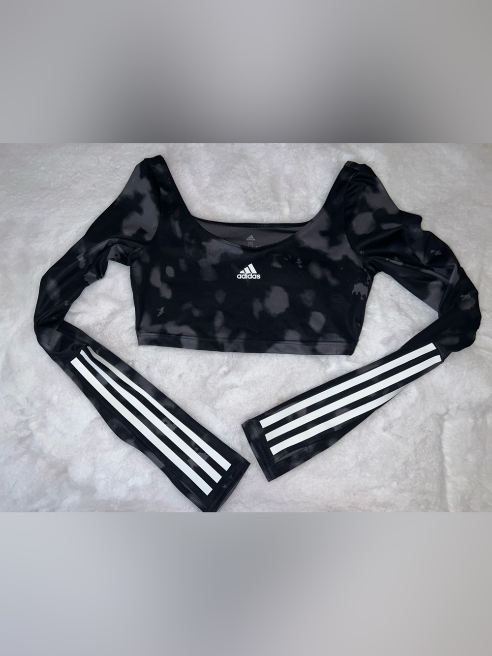 adidas Black Tie-Dye Long-Sleeve Crop Top with White Stripes